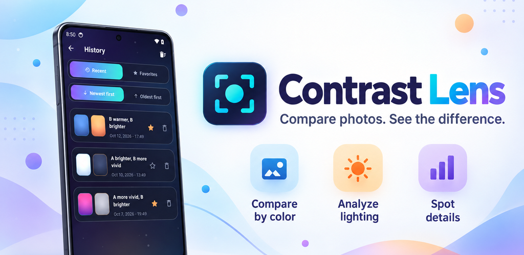 Contrast Lens app promotional banner with a mobile device and photo comparison features